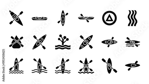 Set of kayak icons, canoe, paddle, oar, rowing, water sport, adventure, river, lake, outdoor activity