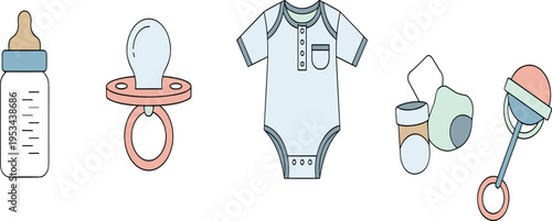 Cute Baby Essentials Set Illustration with Feeding Bottle Pacifier Bodysuit Socks and Rattle Icons for Newborn Care Nursery and Child Products Design.