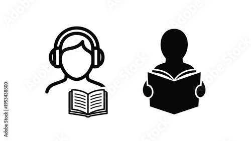 Two figures reading books depicted in a striking black silhouette