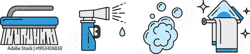 Cleaning tools and washing equipment icon set including brush spray foam detergent vector illustration colored isolated hygiene housekeeping design collection