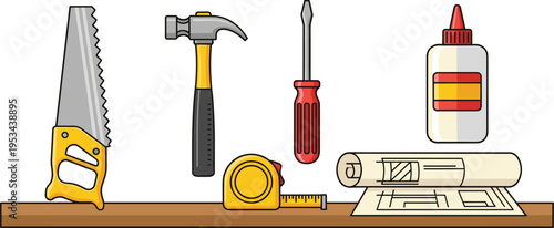 Carpentry tools and workshop equipment illustration including saw hammer screwdriver tape glue blueprint vector detailed isolated construction design collection