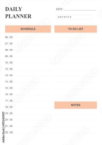 A daily planner template with a schedule, to-do list, and notes on an orange background