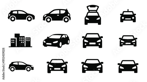 Set of car icons. collection of car silhouettes in various views. sedan, hatchback, and city car concepts