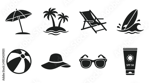 Beach Vacation Icons Vector – Umbrella, Surfboard, Sunglasses, Summer Essentials Graphic