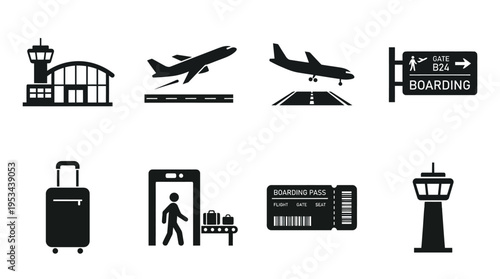 Airport Travel Icons Vector – Airplane, Terminal, Boarding Pass, Security, Luggage, Control Tower Graphic