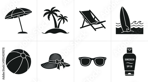 Beach Vacation Icons Vector – Umbrella, Surfboard, Sunglasses, Summer Essentials Graphic