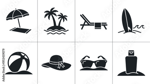 Beach Vacation Icons Vector – Umbrella, Surfboard, Sunglasses, Summer Essentials Graphic