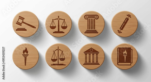 Wooden justice symbols set including gavel scales law book and court icons on white background