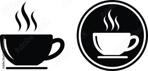 Black and white coffee cup icons with steam