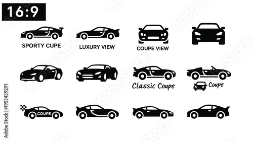 Collection of various black car silhouettes isolated on white background