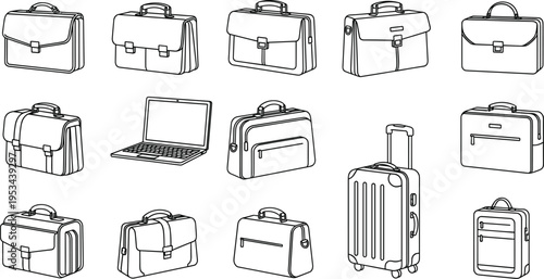 Business Bags and Briefcase Icon Set with Laptop Case Office Luggage and Professional Accessories Line Art Collection for Corporate Travel Design