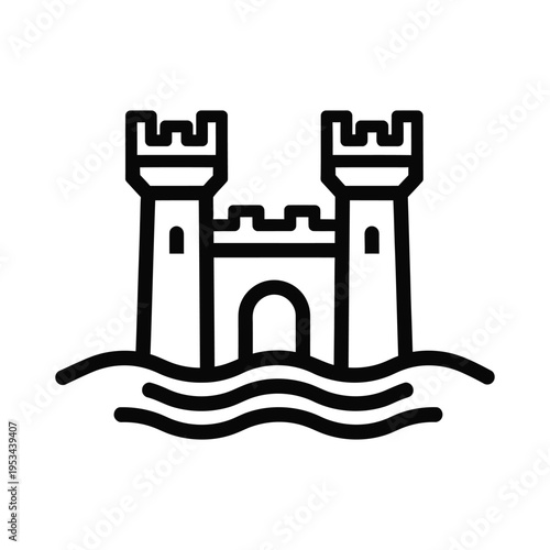A simple line drawing of a castle in the water