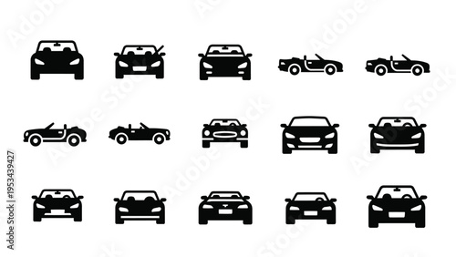 Collection of black car icons and symbols on white background