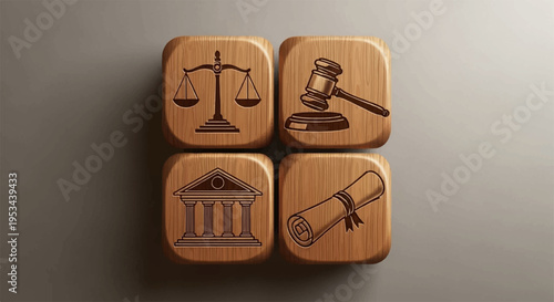 Justice and law icons on wooden blocks scales gavel court building law book symbolizing fairness and legal system