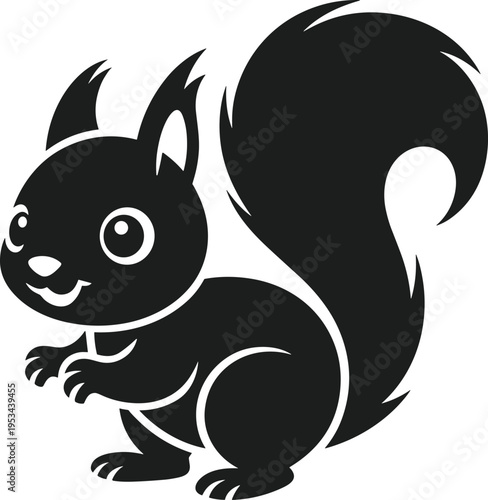 Black silhouette of a cute cartoon squirrel with a bushy tail animal
