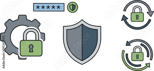 Cyber security and data protection icon set including password shield lock encryption vector illustration colored isolated technology design collection