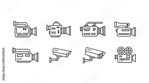 Collection of Vintage and Modern Cameras Icons Cinematography and Surveillance Equipment