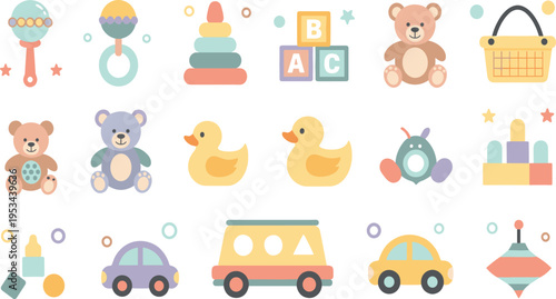 Cute Baby Toys Collection Illustration with Teddy Bear Duck Car Blocks Rattle Stacker and Nursery Play Items for Kids Development Vector Icon Set.