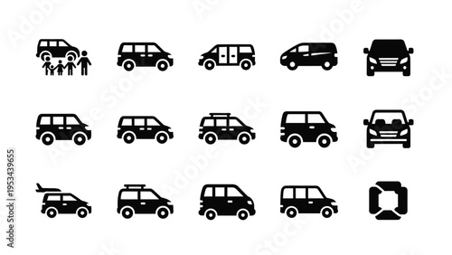 Minivan and family vehicle icons collection in flat black style