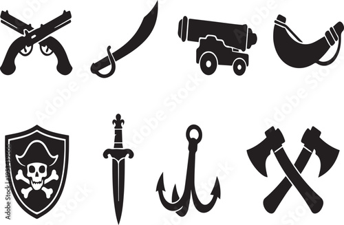 Pirate symbols and weapons on white background
