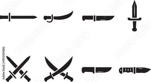 Collection of various knives and swords on white background