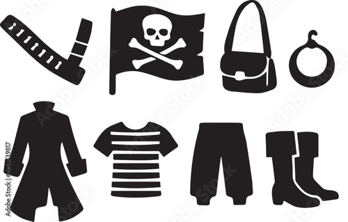 Pirate costume accessories and clothing on white background