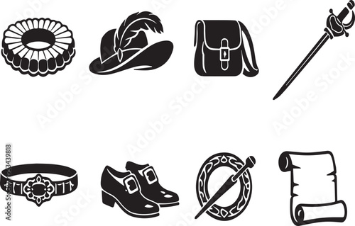 Medieval accessories and weapons on white background