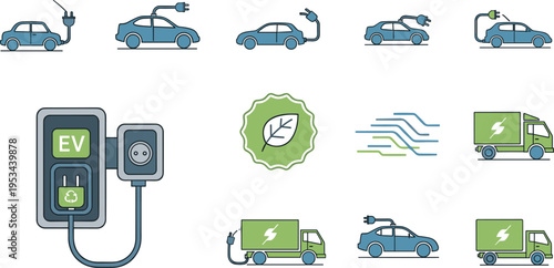 Electric vehicle charging and eco transport icon set including EV station car plug battery vector illustration colored isolated design collection