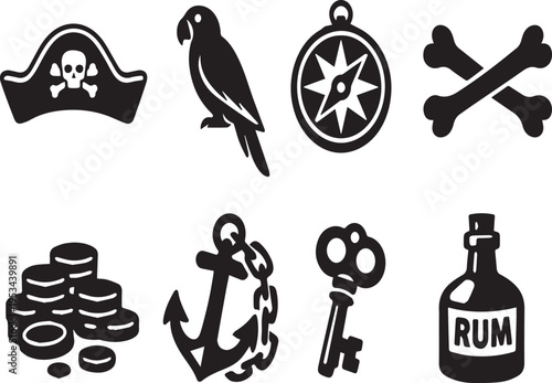 Pirate symbols and icons including parrot compass and rum bottle on white background