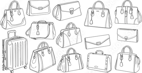 Handbag and Luggage Sketch Set with Fashion Bags Suitcases and Travel Accessories Line Art Collection for Retail Design and Style Illustration