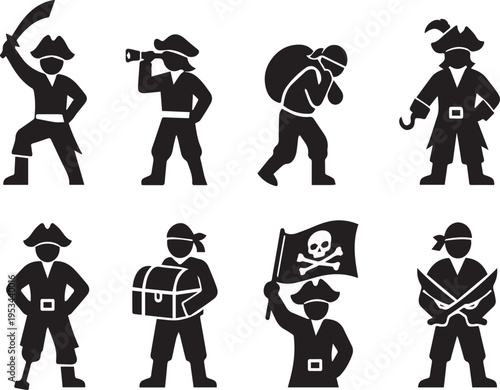 Set of eight black silhouette pirate icons on white background