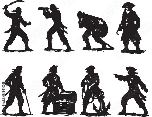 Set of eight black silhouette illustrations of pirates in various poses and actions on white background