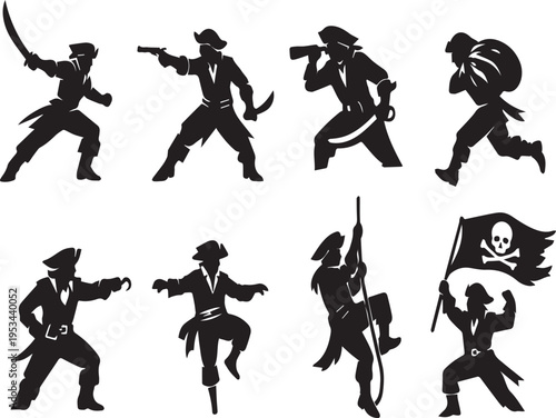Set of eight black silhouette illustrations of pirates in various dynamic poses with weapons and a Jolly Roger flag on white background