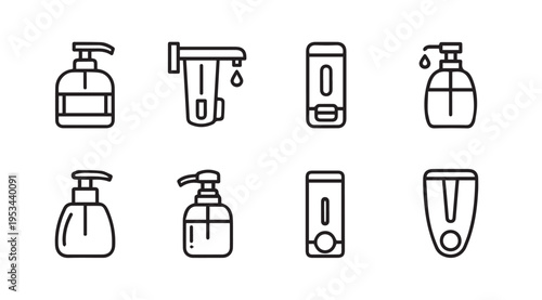 Dispenser Icons SetSoap Sanitizer Lotion Bottles & Wall Mounts Line Art Style