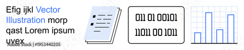 Education, technology, data analysis, communication, coding, documentation. Features text, a document binary code and a bar graph. Technology and data analysis concept
