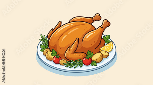 Whole Roasted Chicken on Plate Vector Icon