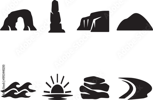 Collection of iconic natural landmarks and celestial bodies in silhouette