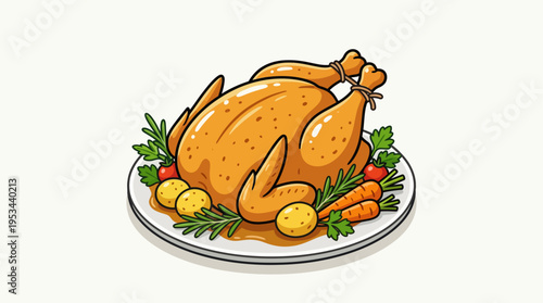 Whole Roasted Chicken on Plate Vector Icon