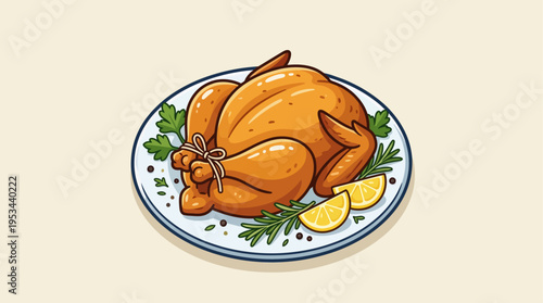 Whole Roasted Chicken on Plate Vector Icon