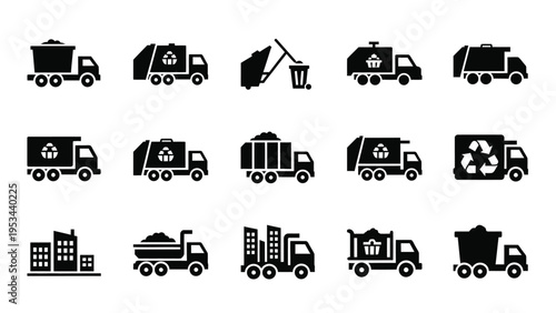 Collection of garbage truck and waste management icons for recycling services