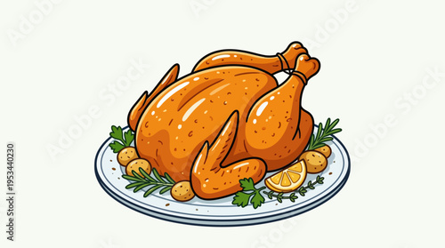 Whole Roasted Chicken on Plate Vector Icon