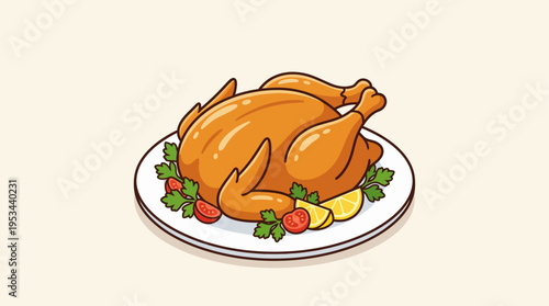 Whole Roasted Chicken on Plate Vector Icon