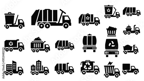 Set of garbage truck and waste management vector icons in flat black silhouette style
