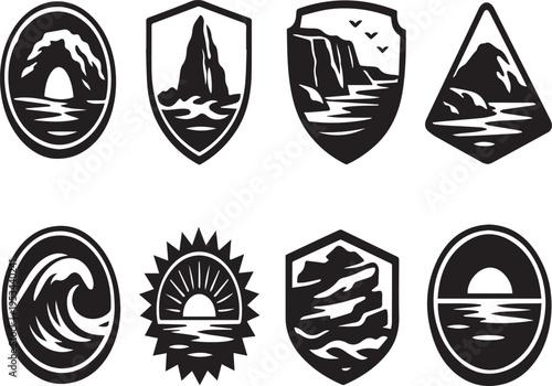 Collection of ocean wave and mountain black and white graphic icons