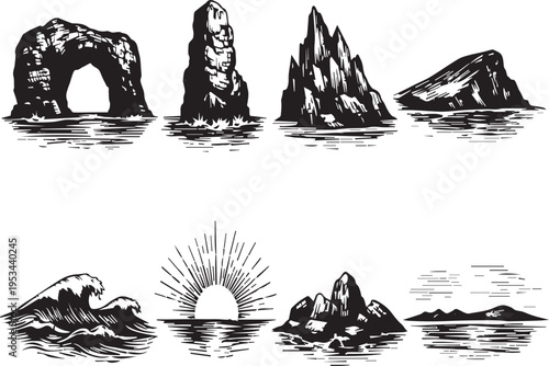 Black and white illustration set of rocky coastline and ocean waves