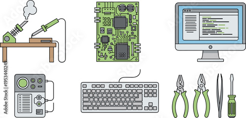 Electronics repair and computer hardware icon set including motherboard keyboard tools soldering vector illustration colored isolated technology design collection