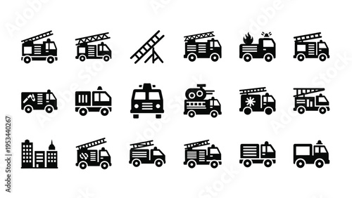 Firefighter rescue vehicle and fire engine icons set for emergency service illustration