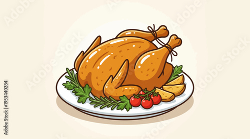 Whole Roasted Chicken on Plate Vector Icon