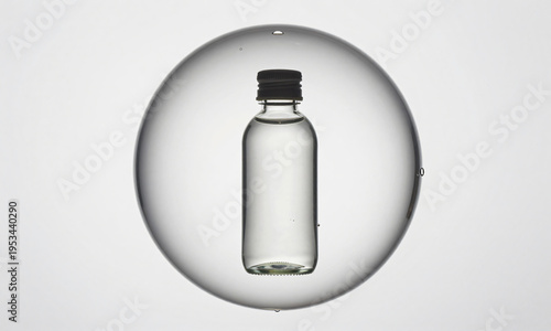 Minimal product bottle floating inside clear water droplet sphere  Generative AI