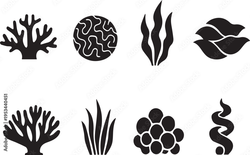 Obraz premium Collection of various seaweed and coral reef icons in black silhouette on white background for ocean and marine related concepts